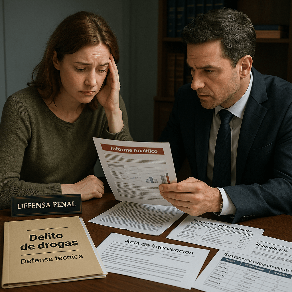 Defensa legal en detención por delitos contra salud pública (drogas), abogado penalista especializado en diferenciación jurídica entre consumo propio y tráfico, análisis de cantidades, pureza, atenuantes por drogodependencia y jurisprudencia específica en España