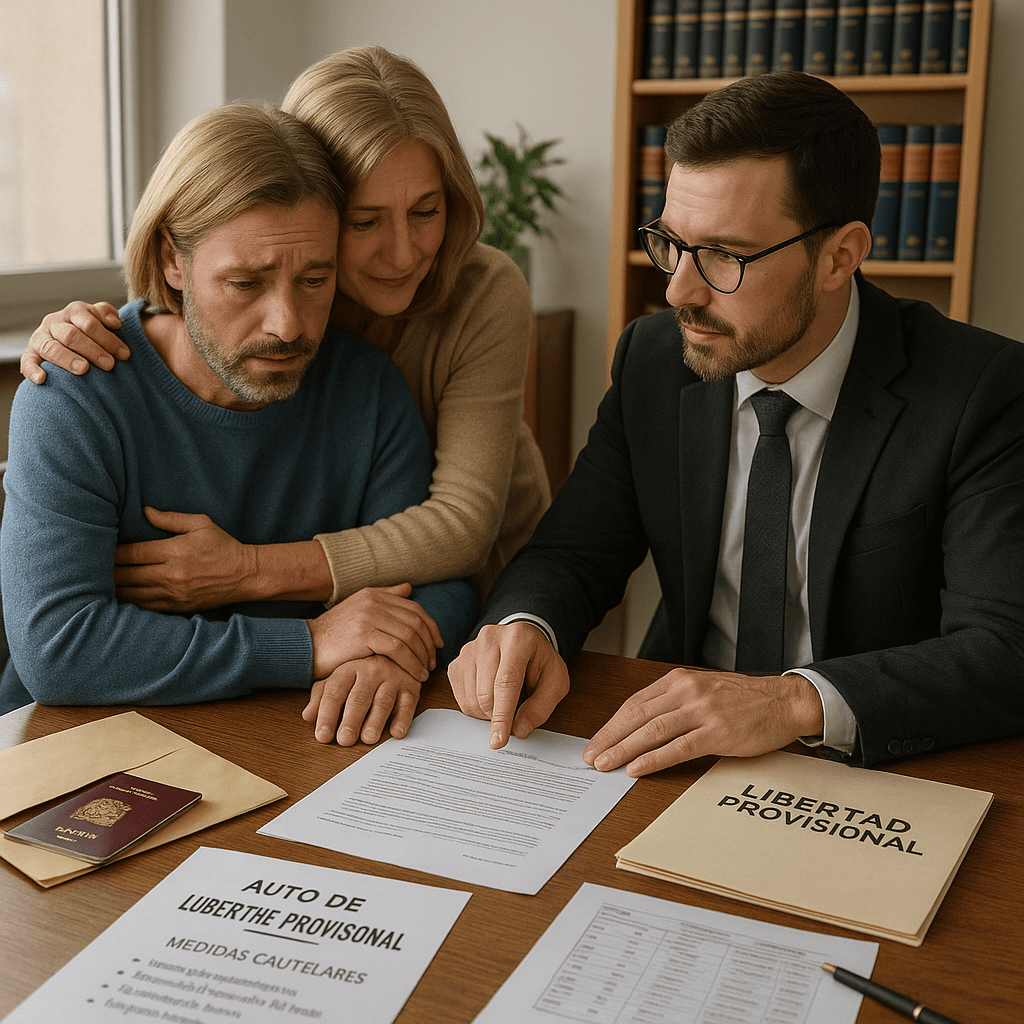 Consecución de libertad provisional tras detención, abogado especialista explicando a cliente liberado y familia las medidas cautelares, obligaciones de comparecencias, fianzas y condiciones impuestas por el juzgado en proceso penal español